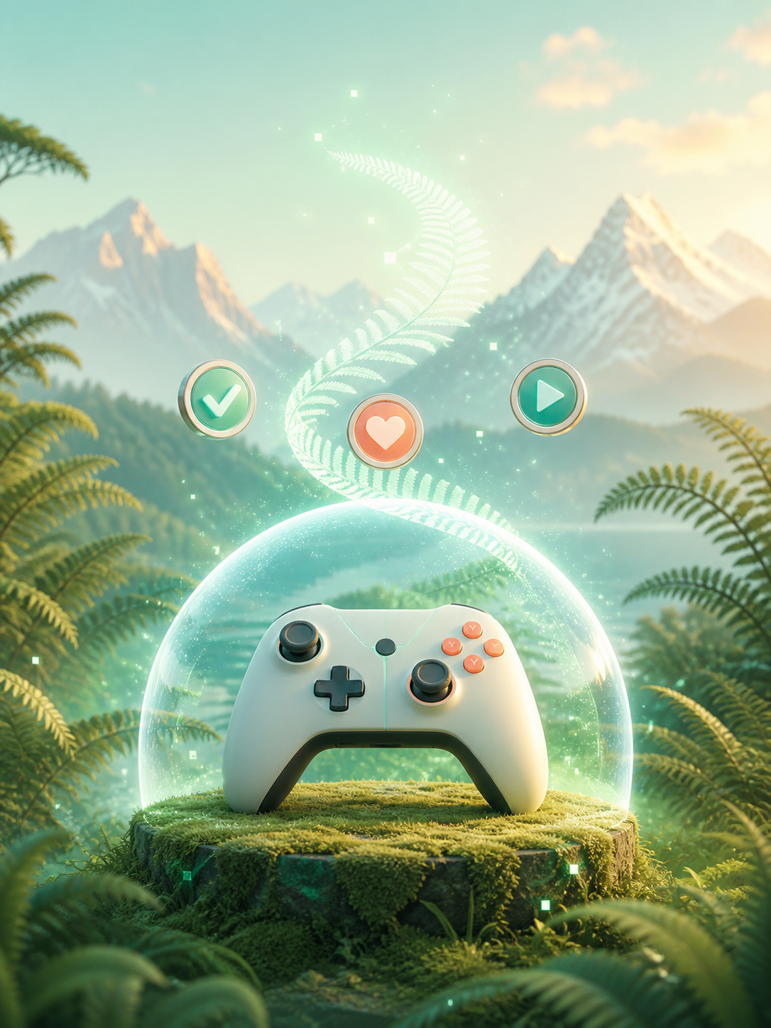 A game controller protected by a glowing energy dome in a New Zealand fern landscape