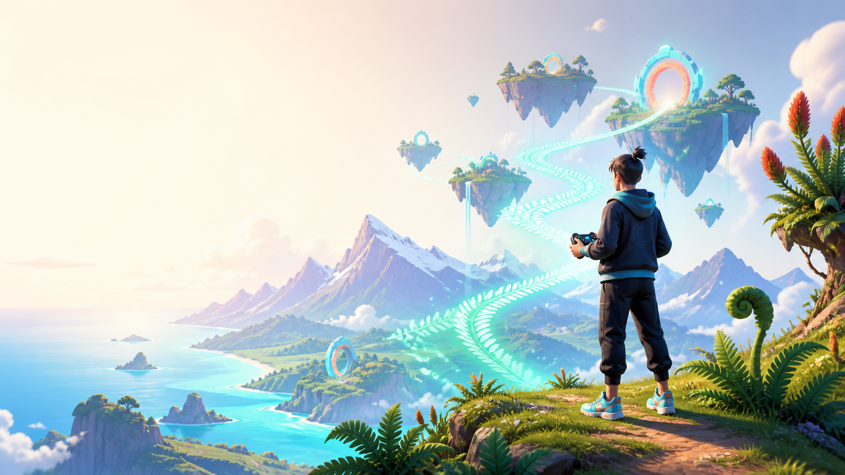 A gamer looking across a bright fantasy landscape inspired by New Zealand